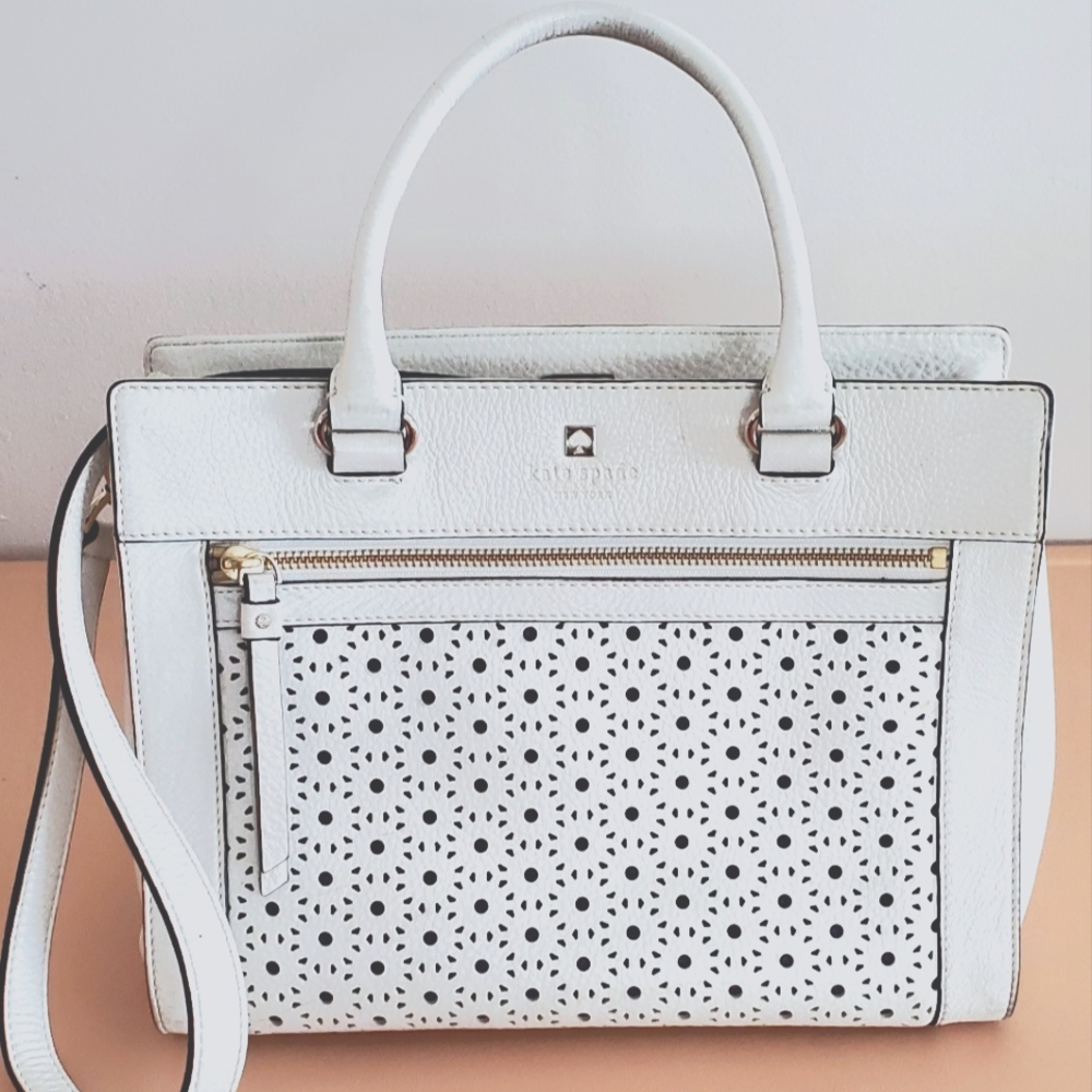 Kate Spade White Perforated Medium Top Zip Crossbody Tote Bag
